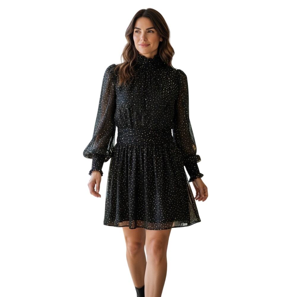 Aqua Star Print Mock Neck Mini Dress Black Size M Metallic Gold Star Long Sleeve